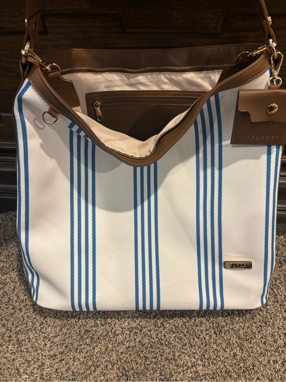 Laundry by Shelli Segal Blue & White Striped Canvas Tote with Brown Trim